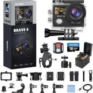 AKASO Brave 4 Action Camera 4K 30fps with 64GB MicroSD U3 Card Bicycle Helmet Accessories Kit Bundle, 20MP Ultra HD 131FT Waterproof Underwater Camera EIS WiFi Remote Control 5X Zoom Sport Cameras
