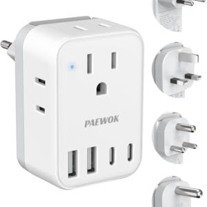 International Travel Adapter Set, US to UK/EU/South Africa/India Universal Power Adapter- 4 AC Outlets 4 USB Ports (2 USB C), Travel Plug Adapter Kit Include Type G/C/M/D Detachable Plug